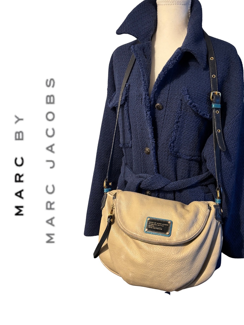 Marc Jacobs Beige Pebbled Leather Shoulder Bag with Black Strap